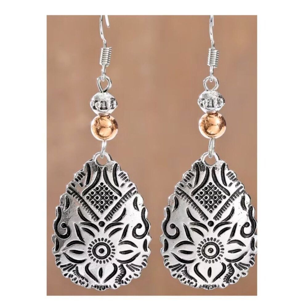 NWT Teardrop Bohemian Earrings  Floral Pattern in Silver Copper Accent Beads